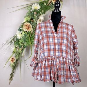 Easel Plaid Shirt Orange, White and Blue 💙 Sz. M
